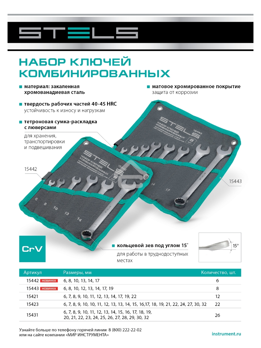 Набор ключей комбинированных 6-19 мм, 8 шт., CrV, матовый хром Stels
