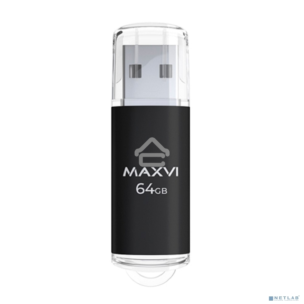 Флешка USB R/W Maxvi MP 64GB USB 2.0 black, монолит с колпачком, металл + ABS пластик