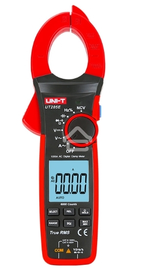 Токоизмерительные клещи UT205E Напряжение постоянного/переменного тока (1000 В); переменный ток (1000А); Сопротивление (60 МОм); Емкость (60 мФ); Частота (1 МГц)