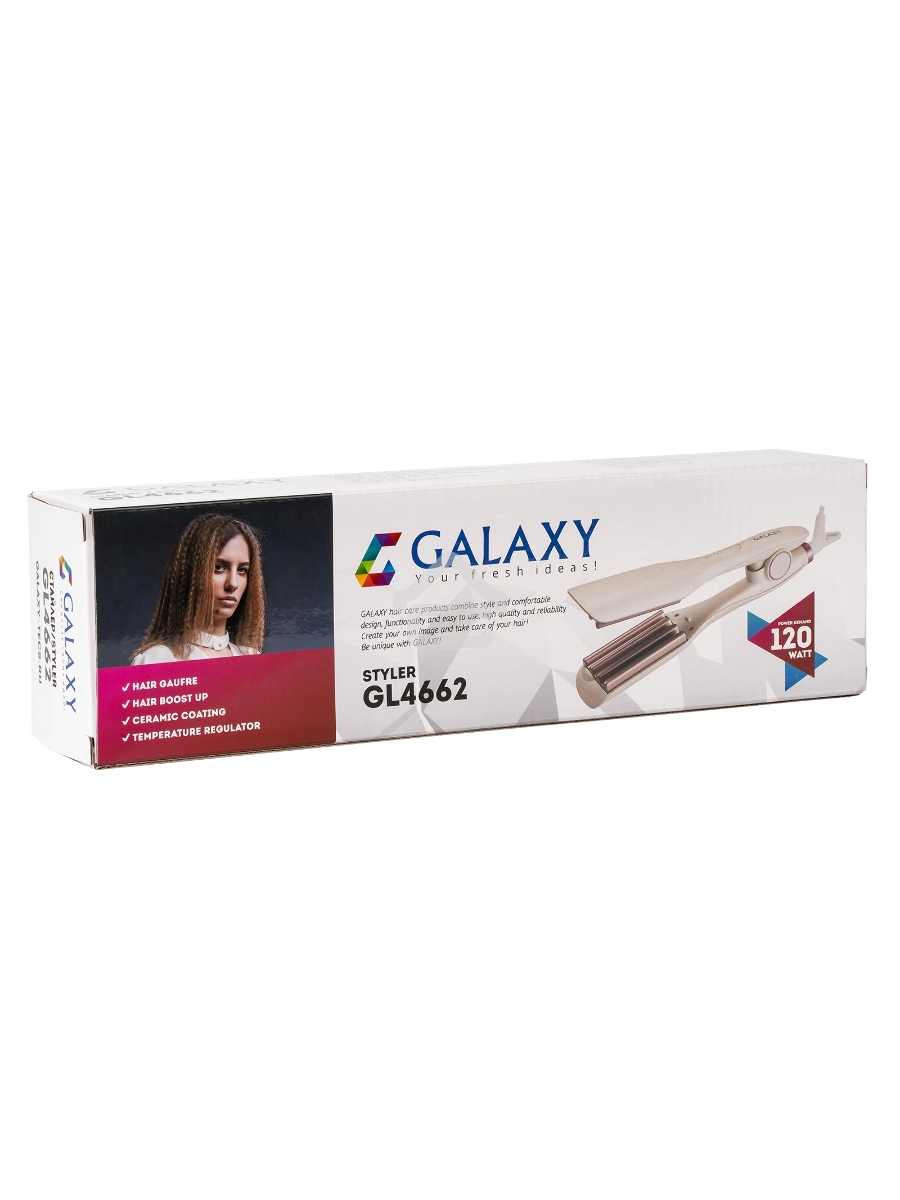Стайлер Galaxy Line GL 4662, бежевый, 120 Вт, нагревательный элемент с защитой от перегрева, регулятор температуры (140-220°C), автоотключение через 1 час работы, керамическое покрытие рабочих поверхностей, длина шнура питания 180 см, подвесная петля