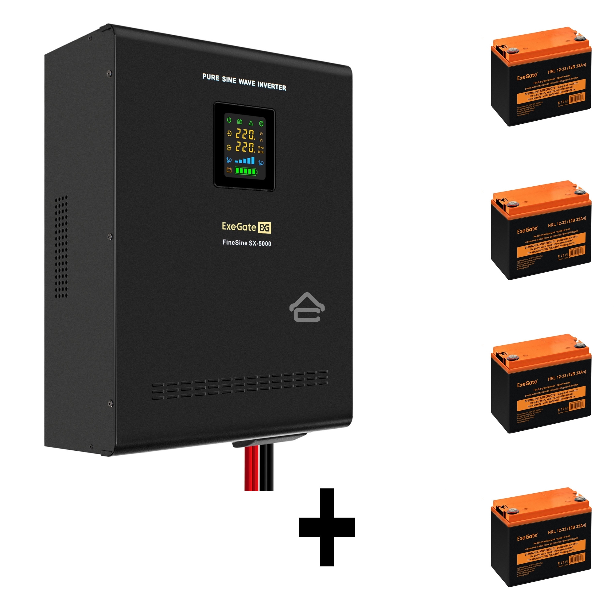 Комплект источника бесперебойного питания Exegate EX296004RUS + батарея 33Aч EX285664RUS 4шт (инвертор, синус, для котла, настенный) ExeGate FineSine SX-5000.LCD.AVR.2SH.T <5000VA/3500W, чистая синусоида, цветной LCD-дисплей, AVR, 2*Schuko+клеммы, линейно