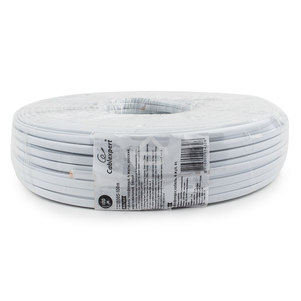 Кабель телефонный TC1000S-100m 4 жилы (4х6x0.1мм) плоский многожильный 100 м, белый