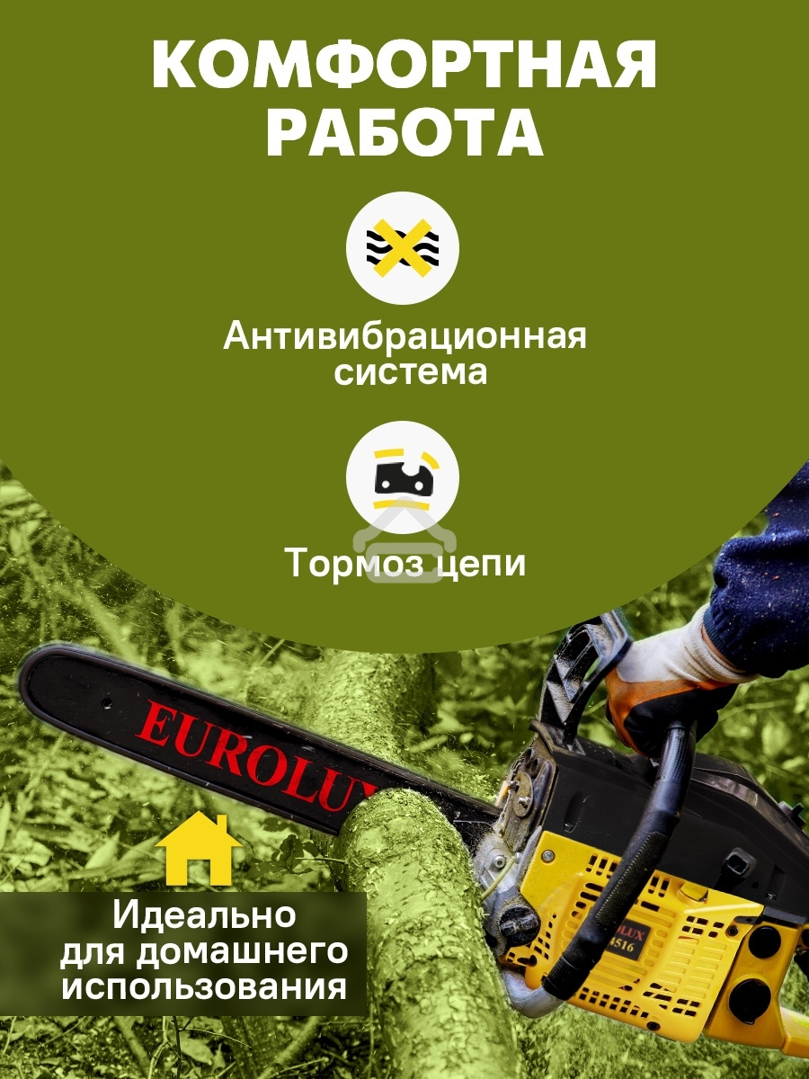 Бензопила EUROLUX GS-45161800Вт (2.45л.с.) 45см3 бак 0.55л шина 40см шаг цепи 1.5'' 72звена