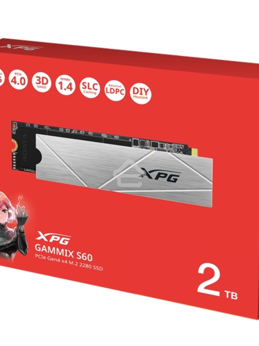 Накопитель SSD ADATA XPG GAMMIX S60, 2Tb, PCIe 4.0 x4, M.2 2280, NVMe, R/W 5000/4200, с радиатором