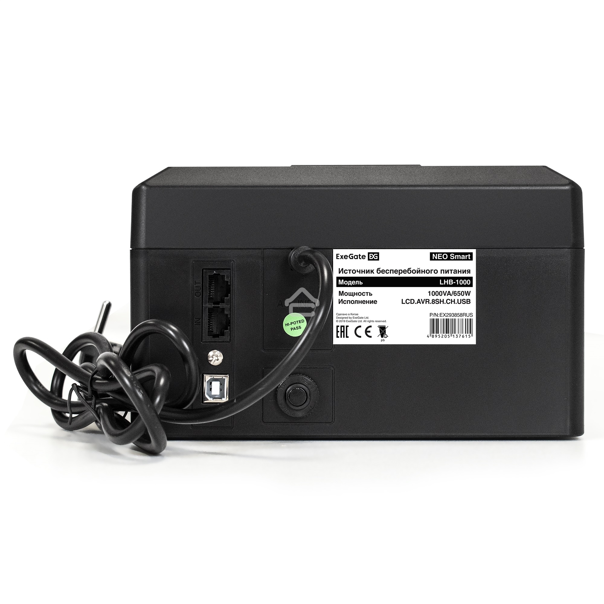 Источник бесперебойного питания ExeGate NEO Smart LHB-1000.LCD.AVR.8SH.CH.USB <1000VA/650W, LCD, AVR, 8*Schuko, USB, 4*USB-порта для зарядки, Black>
