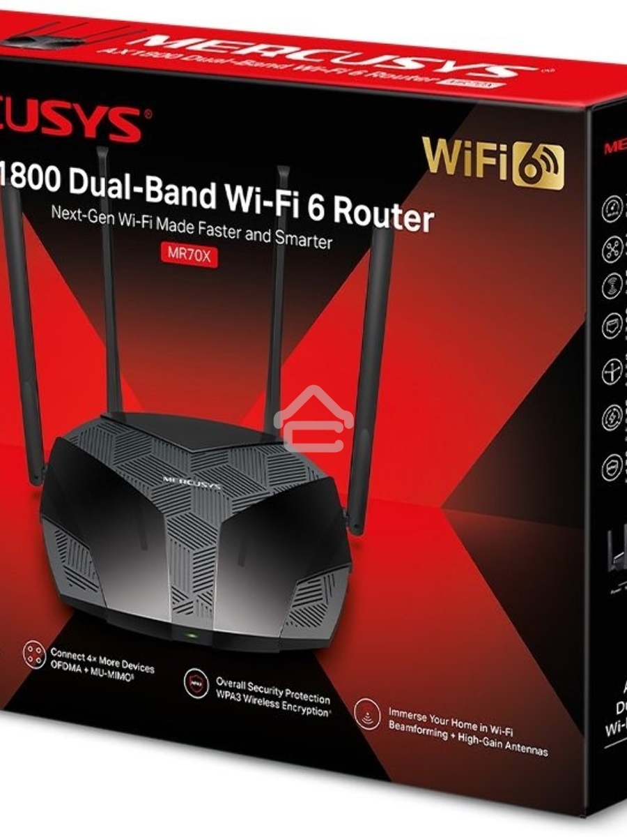 Роутер Mercusys MR70X AX1800 Dual-Band WiFi 6 Router, 574 Mbps at 2.4 GHz + 1201 Mbps at 5 GHz,4× Fixed External Antennas, 3× Gigabit LAN Ports, 1× Gigabit WAN Port, 1024-QAM, OFDMA, Router/Access Point Mode, MU-MIMO, WPA3, TWT, BSS Color