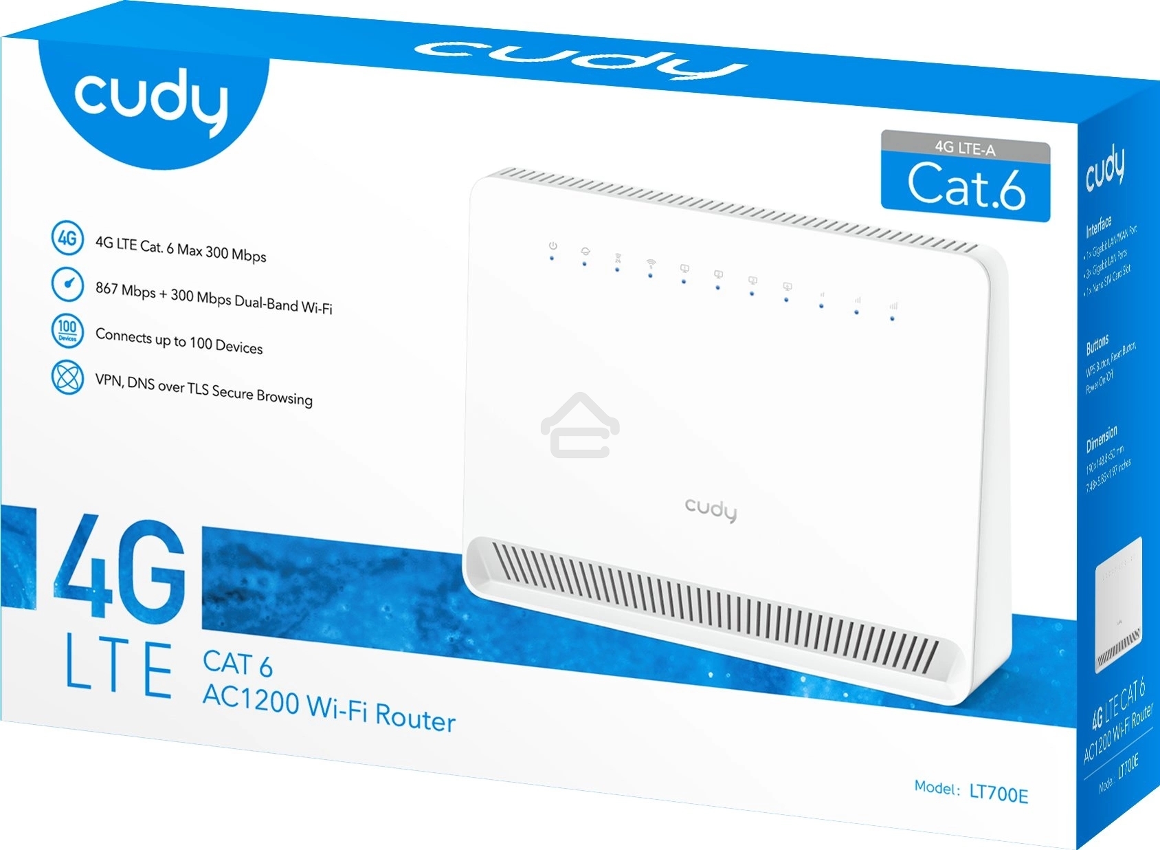 Маршрутизатор AC1200 Wi-Fi 4G LTE Cat 6 Gigabit Router, 4 10/100/1000M RJ45 Ports, Nano SIM Slot, Quectel module inside,build-in 4G LTE modem, 300Mbps at 2.4GHz + 867Mbps at 5GHz, Internal Antennas, PPTP/L2TP/OpenVPN/WireGuard VPN, DNS over Cloudflare/Goo
