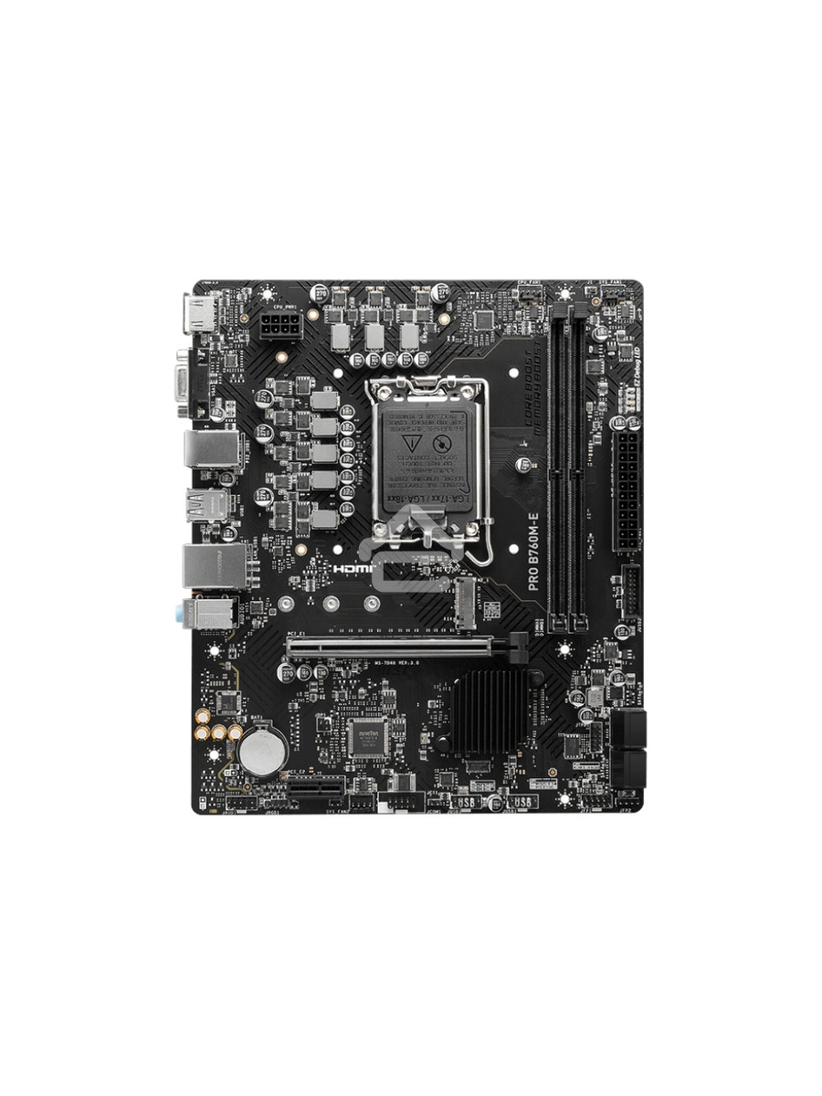 Материнская плата MSI PRO B760M-E, LGA 1700, Intel B760, 2xDDR5, 4xSATA, 1xM.2, 1xPCIe 4.0 x16, 1xPCIe 4.0 x1, 1xHDMI, 1xVGA, 1x1Gb LAN, 2xUSB-A 3.2 Gen 1, 4xUSB-A 2.0, 3x3.5 мм, 7.1, mATX