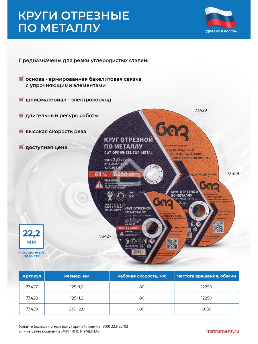 Круг отрезной по металлу, 125 х 1,2 х 22,2 мм (БАЗ) Россия
