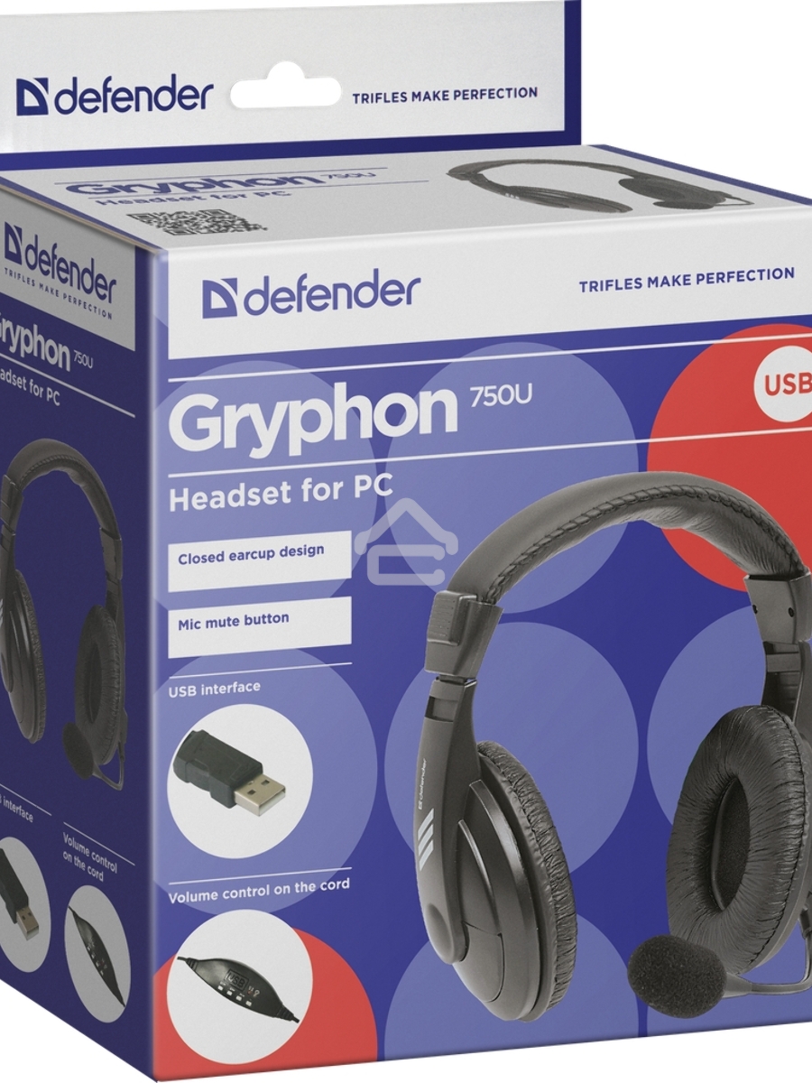 Гарнитура Defender Gryphon 750U USB, черный, 1.8м кабель