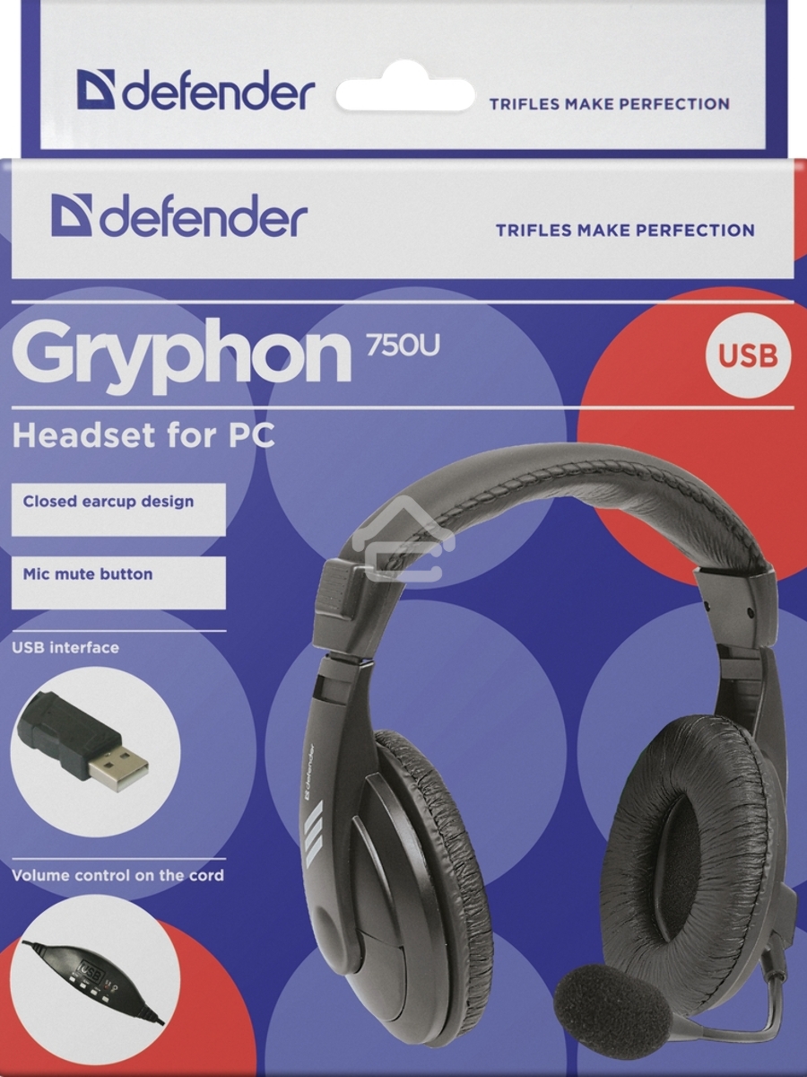 Гарнитура Defender Gryphon 750U USB, черный, 1.8м кабель