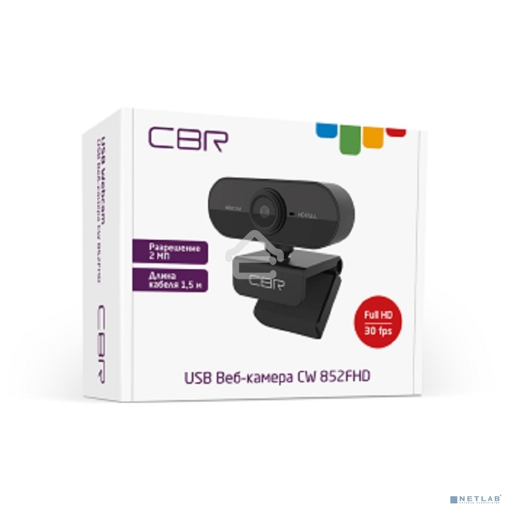 Веб-камера CBR CW 852FHD Black с матрицей 2 МП, разрешение видео 1920х1080, USB 2.0, встроенный микрофон с шумоподавлением, фикс.фокус, крепление на мониторе, длина кабеля 1,5 м, черный