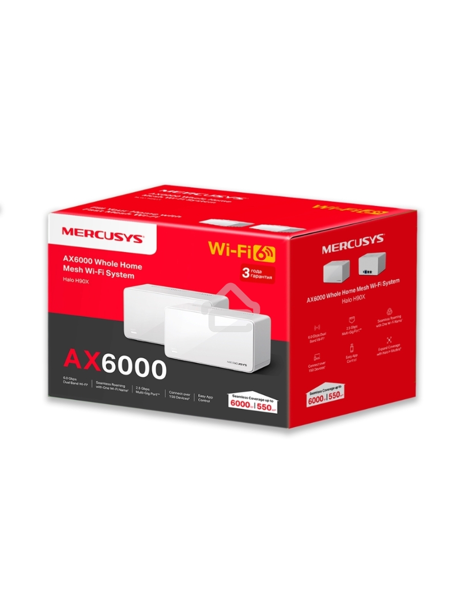Домашняя Mesh Wi‑Fi система AX6000 Whole Home Mesh Wi-Fi 6 SystemSPEED: 1148 Mbps at 2.4 GHz + 4804 Mbps at 5 GHzSPEC: Internal Antennas, 1× 2.5 Gbps Port (WAN/LAN auto-sensing), 2× Gigabit Ports (WAN/LAN auto-sensing), 1024-QAM, OFDMA, HE160FEATURE: MERC