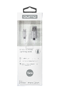 Кабель Qumo, MFI С48, USB-Apple 8 pin, 0,15м, 5В, 2,4A, 12Вт, опл. нейлон, кон металл, серебро