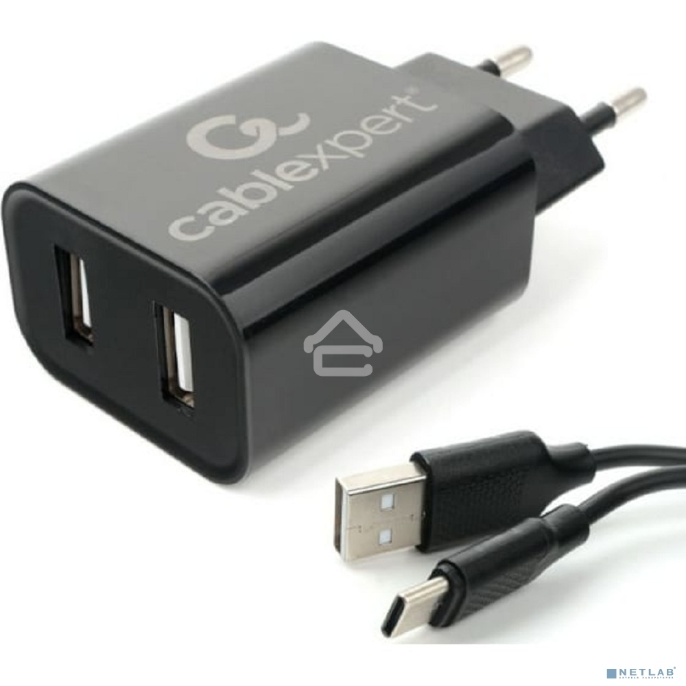 Адаптер питания Cablexpert MP3A-PC-37 USB 2 порта, 2.4A, черный + кабель 1м Type-C