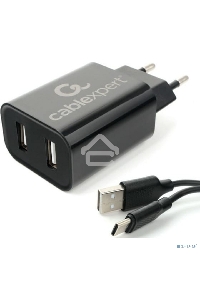 Адаптер питания Cablexpert MP3A-PC-37 USB 2 порта, 2.4A, черный + кабель 1м Type-C