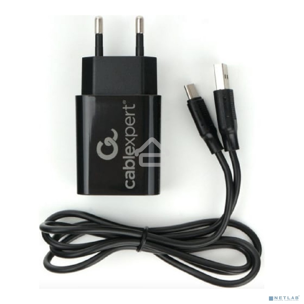 Адаптер питания Cablexpert MP3A-PC-37 USB 2 порта, 2.4A, черный + кабель 1м Type-C