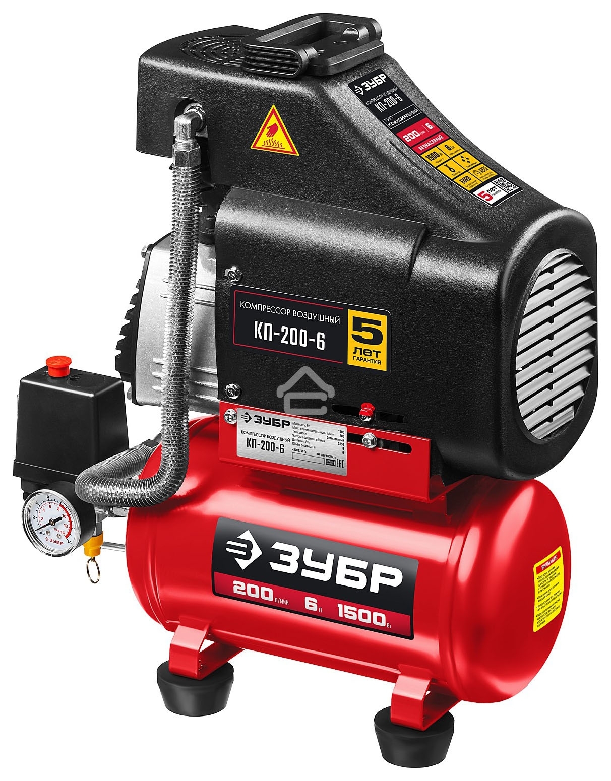 Компрессор воздушный безмасляный, 200 л/мин, 6 л, 1500 Вт, Зубр