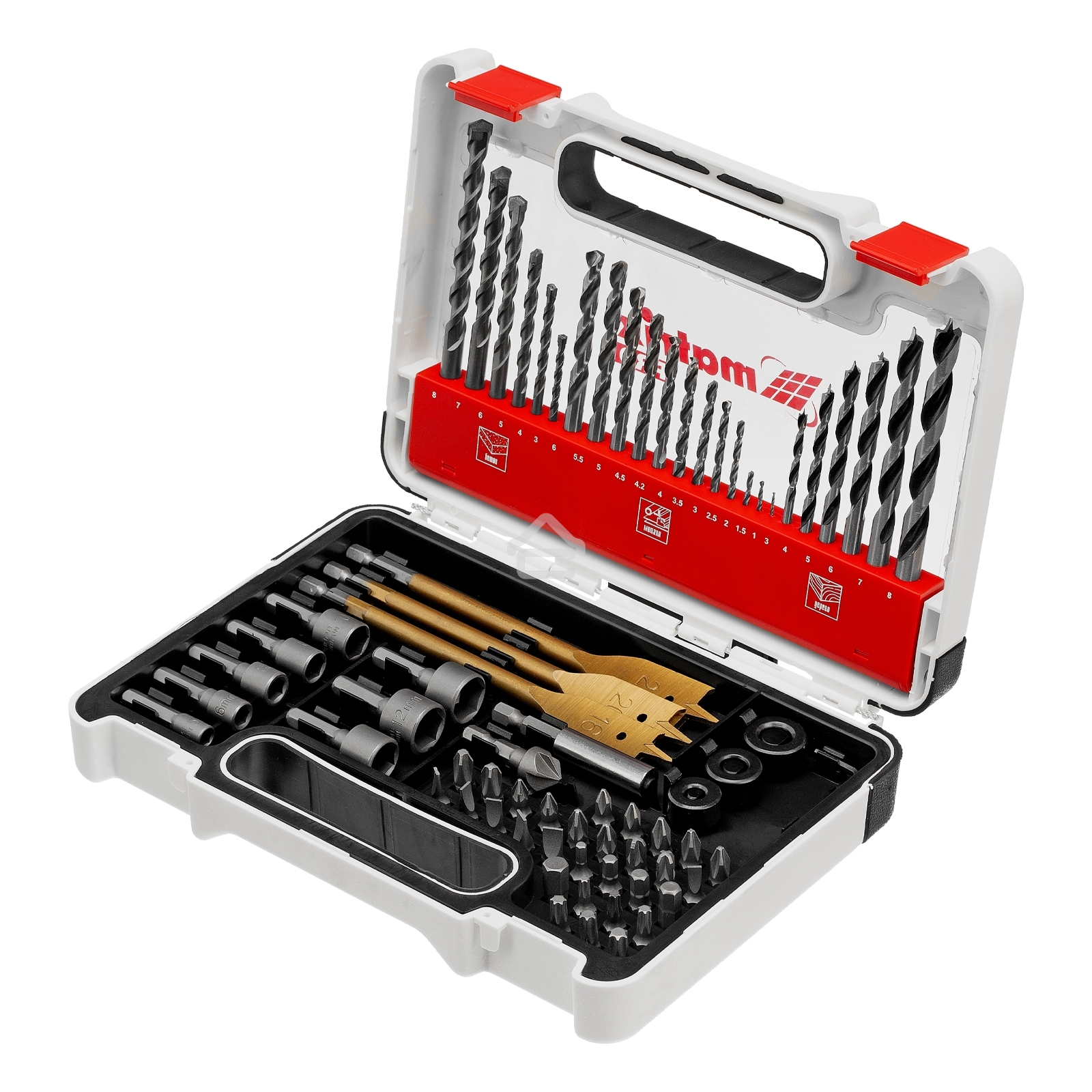 Набор сверл Matrix комб.,мет.1-6мм,бет.3-8мм,дер.3-8мм, перки,бит.30шт,адап.,голов.8шт,71пр., PRO