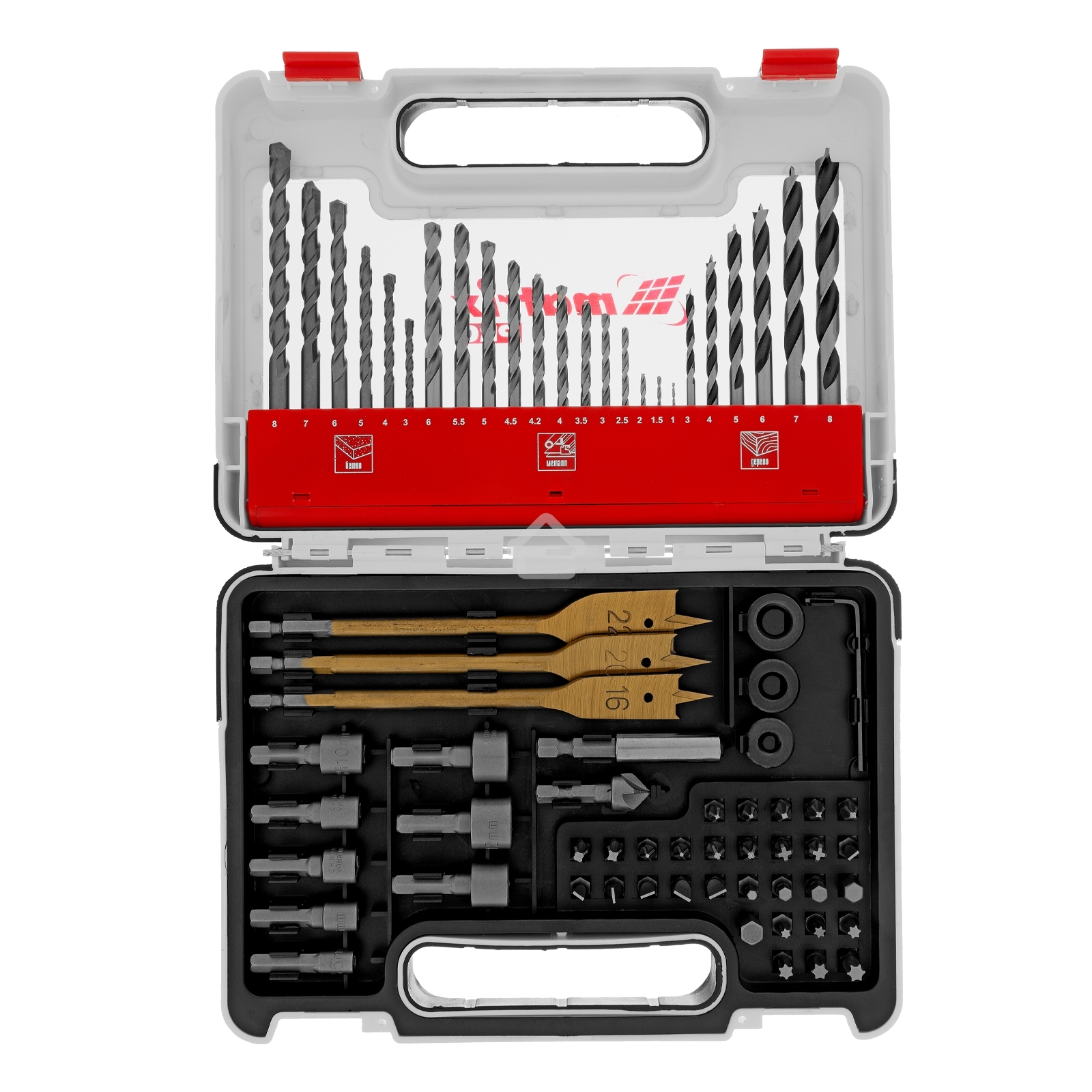 Набор сверл Matrix комб.,мет.1-6мм,бет.3-8мм,дер.3-8мм, перки,бит.30шт,адап.,голов.8шт,71пр., PRO