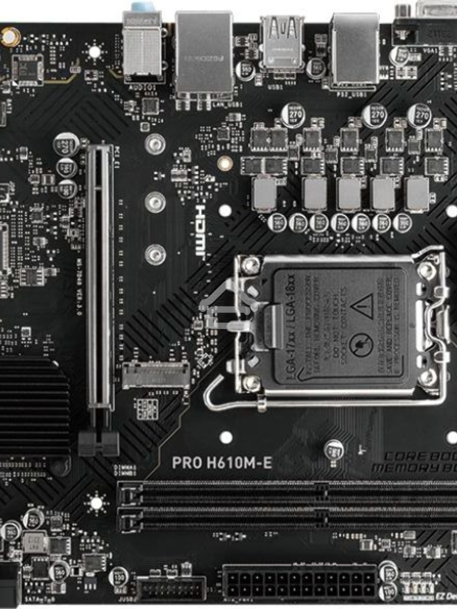 Материнская плата MSI PRO H610M-E, LGA 1700, Intel H610, 2xDDR5, 4xSATA, 1xM.2, 1xPCIe 4.0 x16, 1xPCIe 4.0 x1, 1xHDMI, 1xVGA, 1xRJ45 1Gb, 2xUSB-A 3.2 Gen 1, 4xUSB-A 2.0, 3x3.5мм, 7.1, mATX