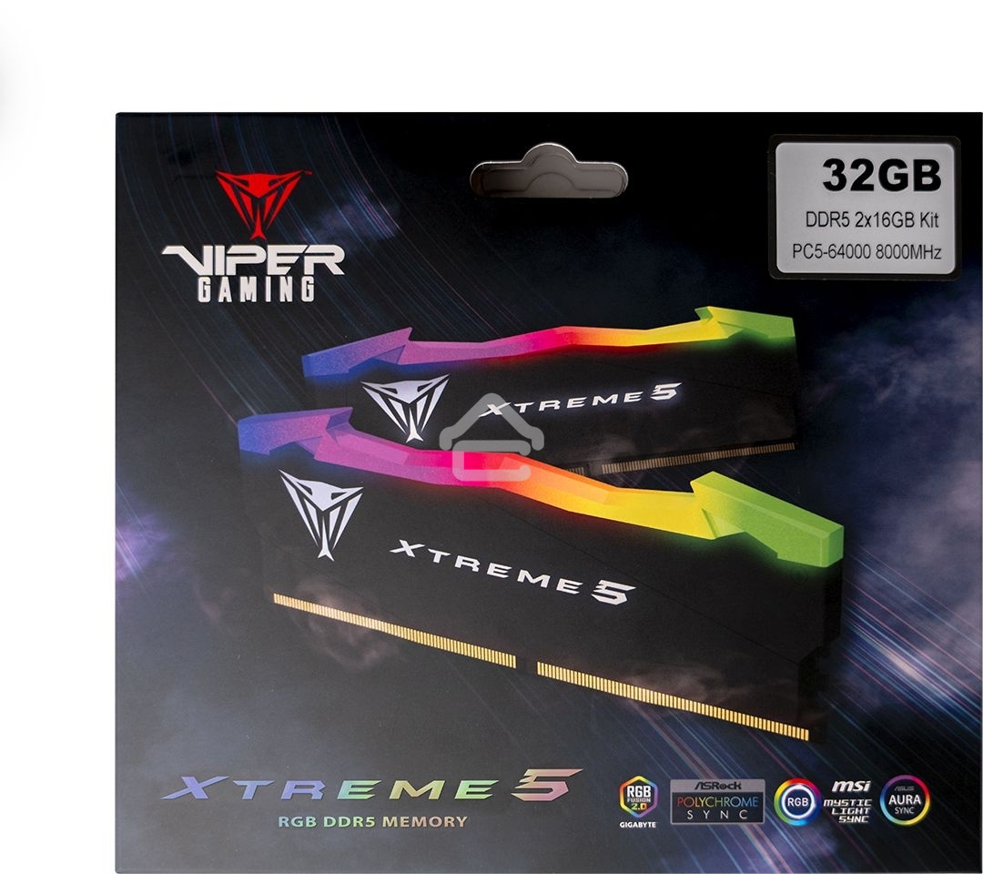 Оперативная память Patriot Viper Xtreme 5, DDR5, 32Gb (2x16Gb), 7600MHz, CL36, DIMM, с радиаторами, RGB, черный