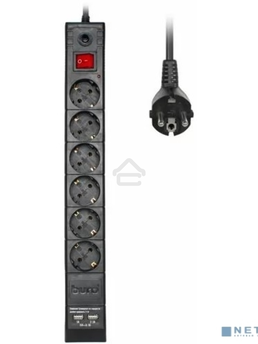 Сетевой фильтр Buro BU-SP1.8_USB_2A-B 1.8м (6 розеток) черный (коробка)