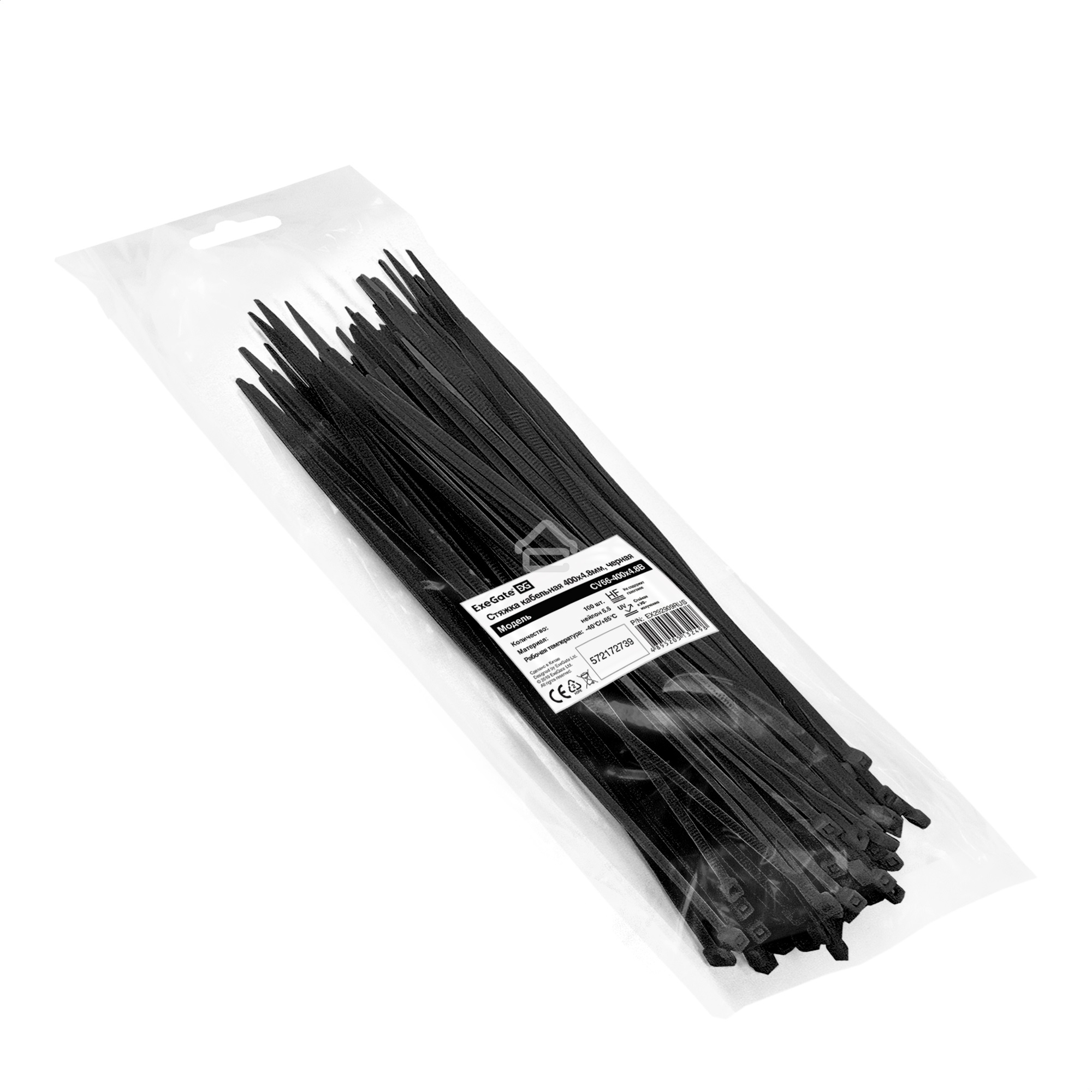Стяжка (хомут) нейлоновая ExeGate CV66-400x4.8B (нейлон 6.6, 400x4.8 мм, неоткрывающаяся, halogen free, -40°C - +85°C, черная, 100 шт)