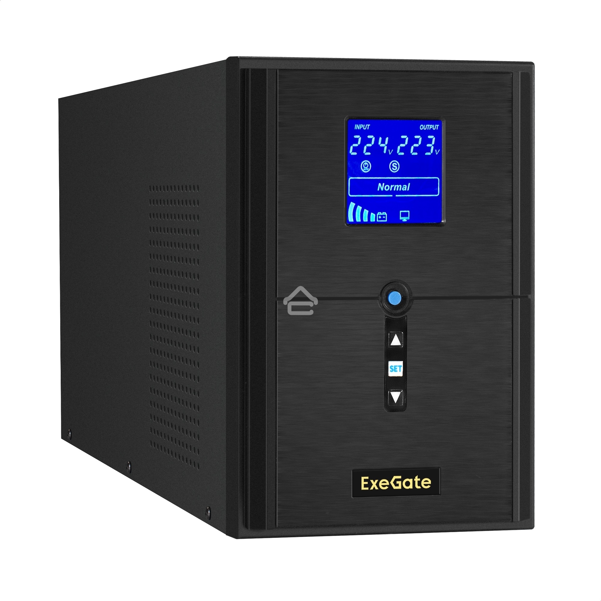 Источник бесперебойного питания (инвертор, синус, для котла) ExeGate SineTower SZ-2000.LCD.AVR.3SH.1C13.USB <2000VA/1600W, чистая синусоида, LCD дисплей, AVR, 3*Schuko+1*C13, USB, линейно-интерактивный, внешняя батарея 24В до 200Ач, Black>