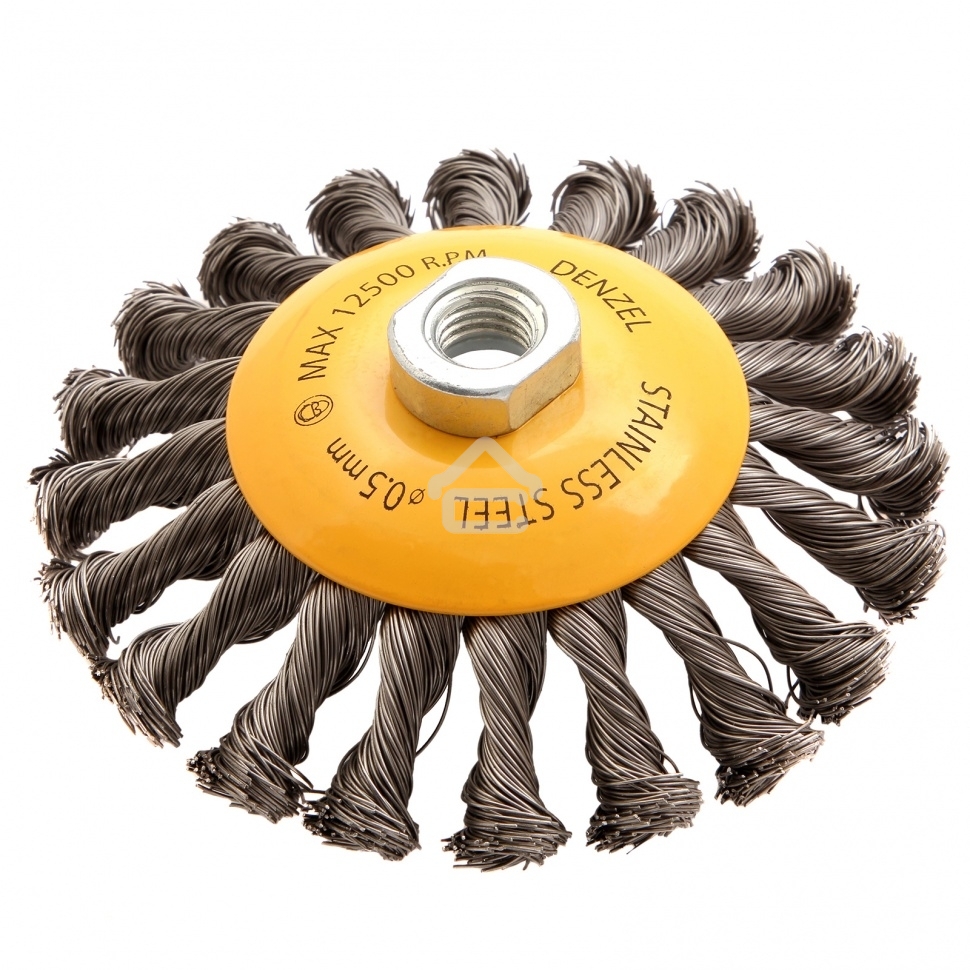 Щетка для УШМ Denzel 125 мм, М14, тарелка, крученая нержавеющая проволока 0,5 мм