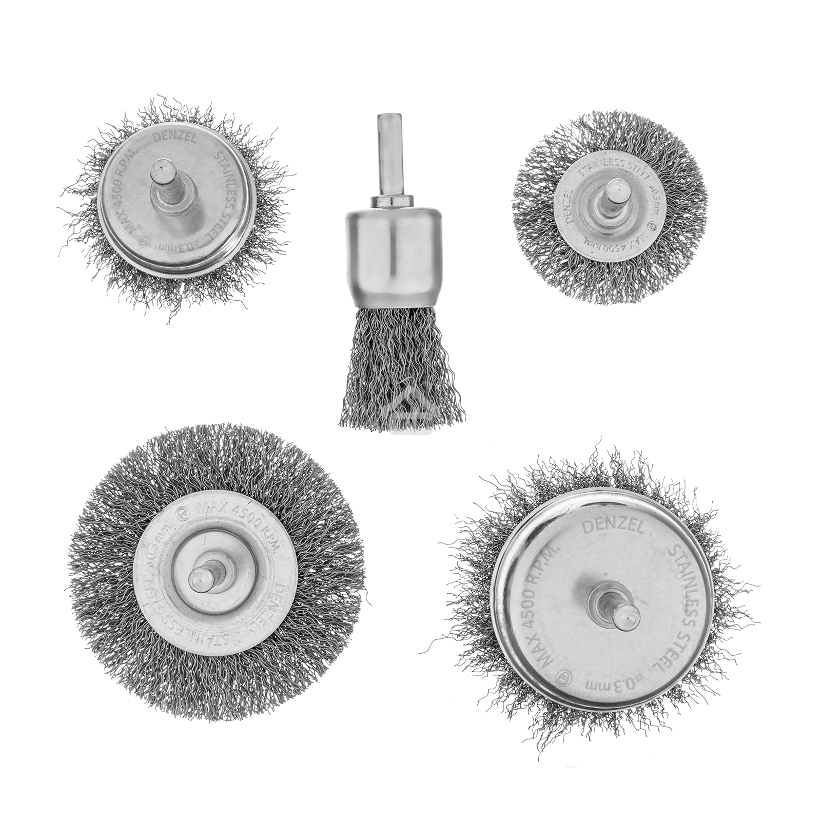 Набор щеток для дрели, 2 Плоские 50-75мм, 3 Чашки 25-50-75мм, шпилька, нерж.вит. проволока Denzel