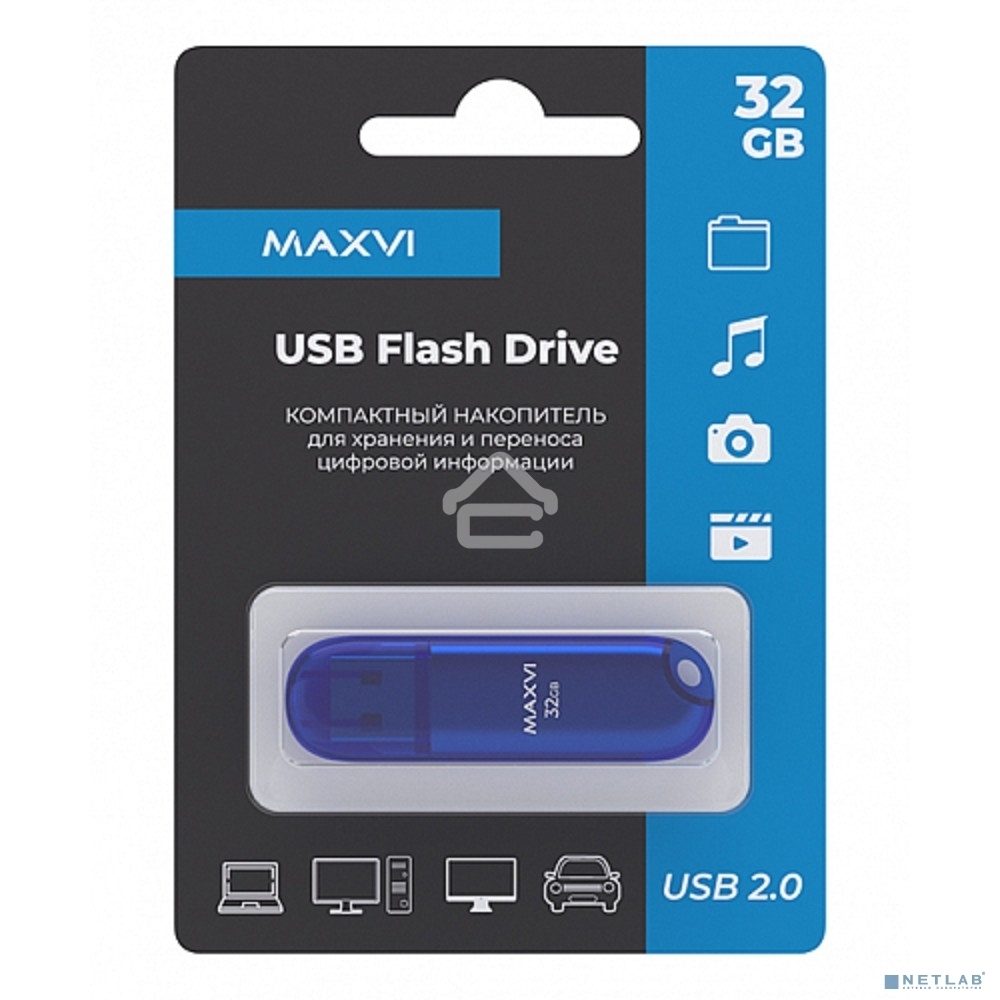 Флешка USB R/W Maxvi P1 32GB USB 2.0 blue, монолит с колпачком, ABS пластик