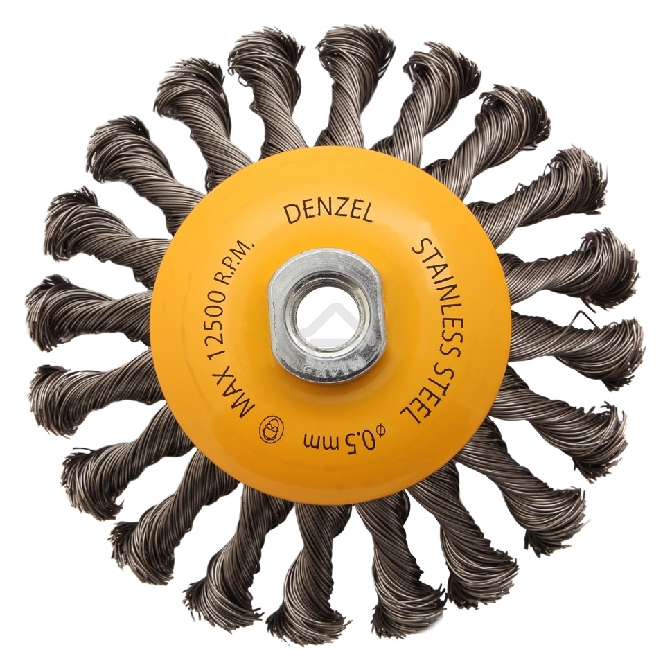 Щетка для УШМ Denzel 125 мм, М14, тарелка, крученая нержавеющая проволока 0,5 мм