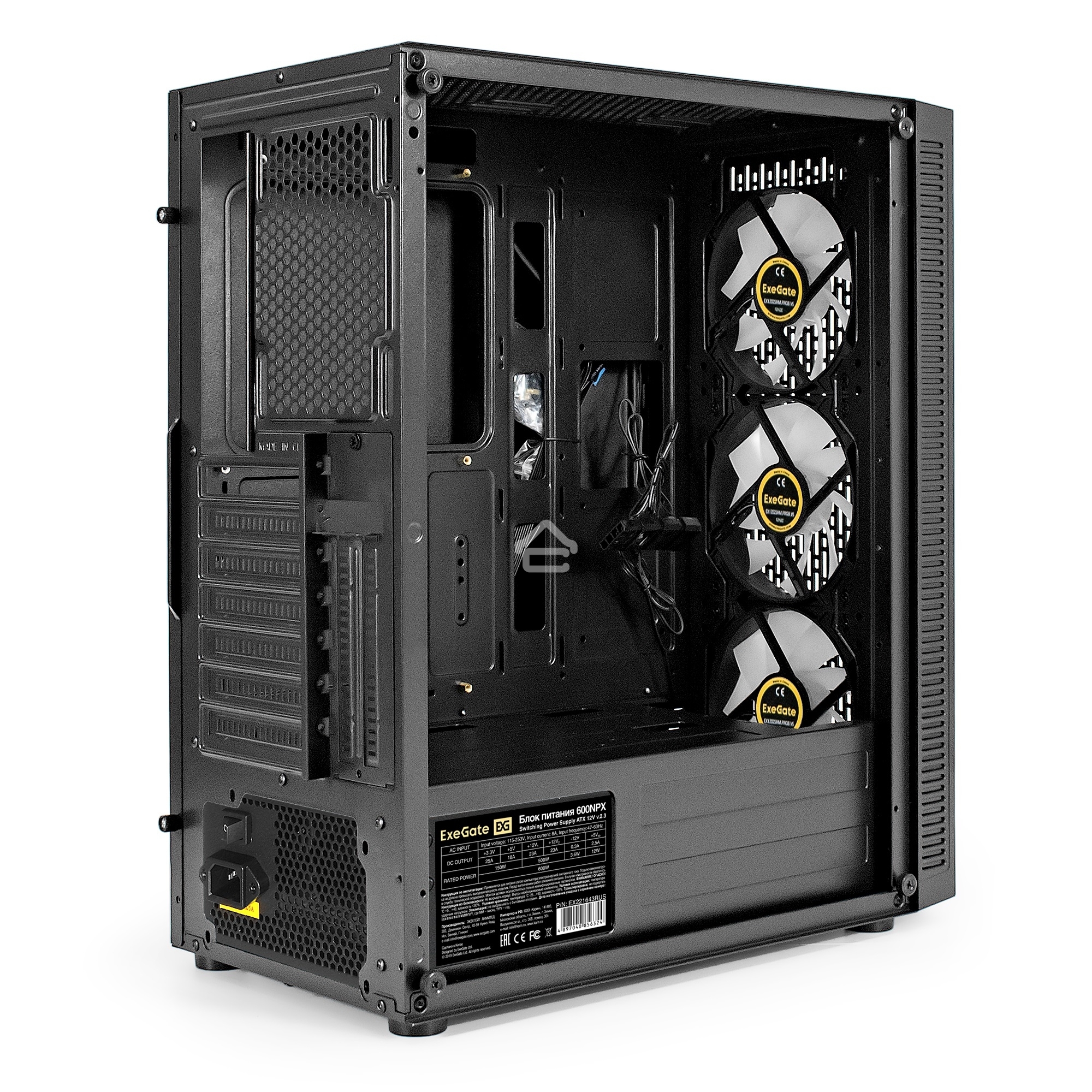 Компьютерный корпус Miditower ExeGate EVO-5001A-600NPX (ATX, БП 600NPX с вент. 12 см, 2хUSB+1хUSB 3.0+HD Audio, черный, 3 вент.12см с RGb подсветкой, боковая панель - закаленное стекло)