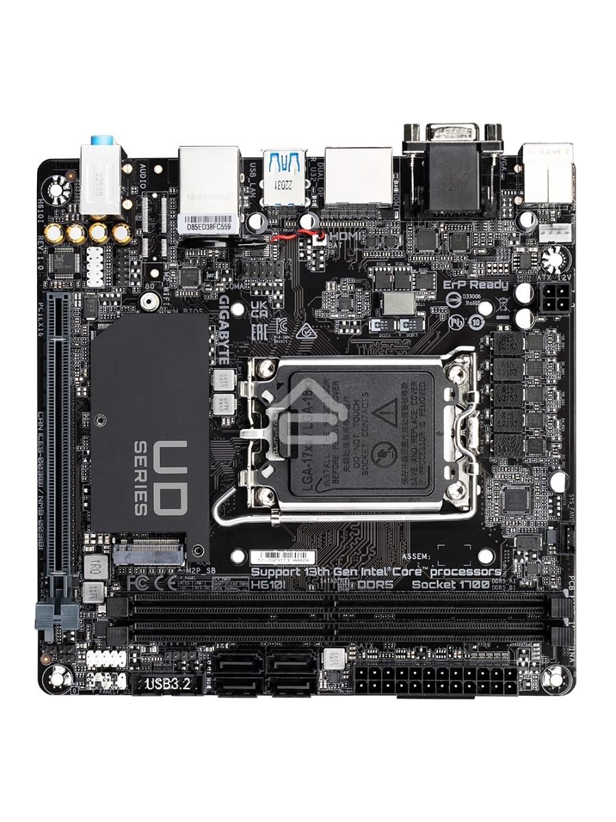 Материнская плата Gigabyte H610I, LGA 1700, Intel H610, 2xDDR5, 4xSATA, 1xM.2, 1xPCIe 4.0 x16, 1xHDMI, 1xVGA, 2xDP, 1x 1Gb LAN, 2xUSB-A 3.2 Gen 1, 4xUSB-A 2.0, 3x 3.5 мм, 7.1, Mini-ITX