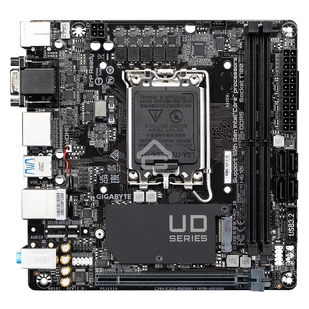Материнская плата Gigabyte H610I, LGA 1700, Intel H610, 2xDDR5, 4xSATA, 1xM.2, 1xPCIe 4.0 x16, 1xHDMI, 1xVGA, 2xDP, 1x 1Gb LAN, 2xUSB-A 3.2 Gen 1, 4xUSB-A 2.0, 3x 3.5 мм, 7.1, Mini-ITX