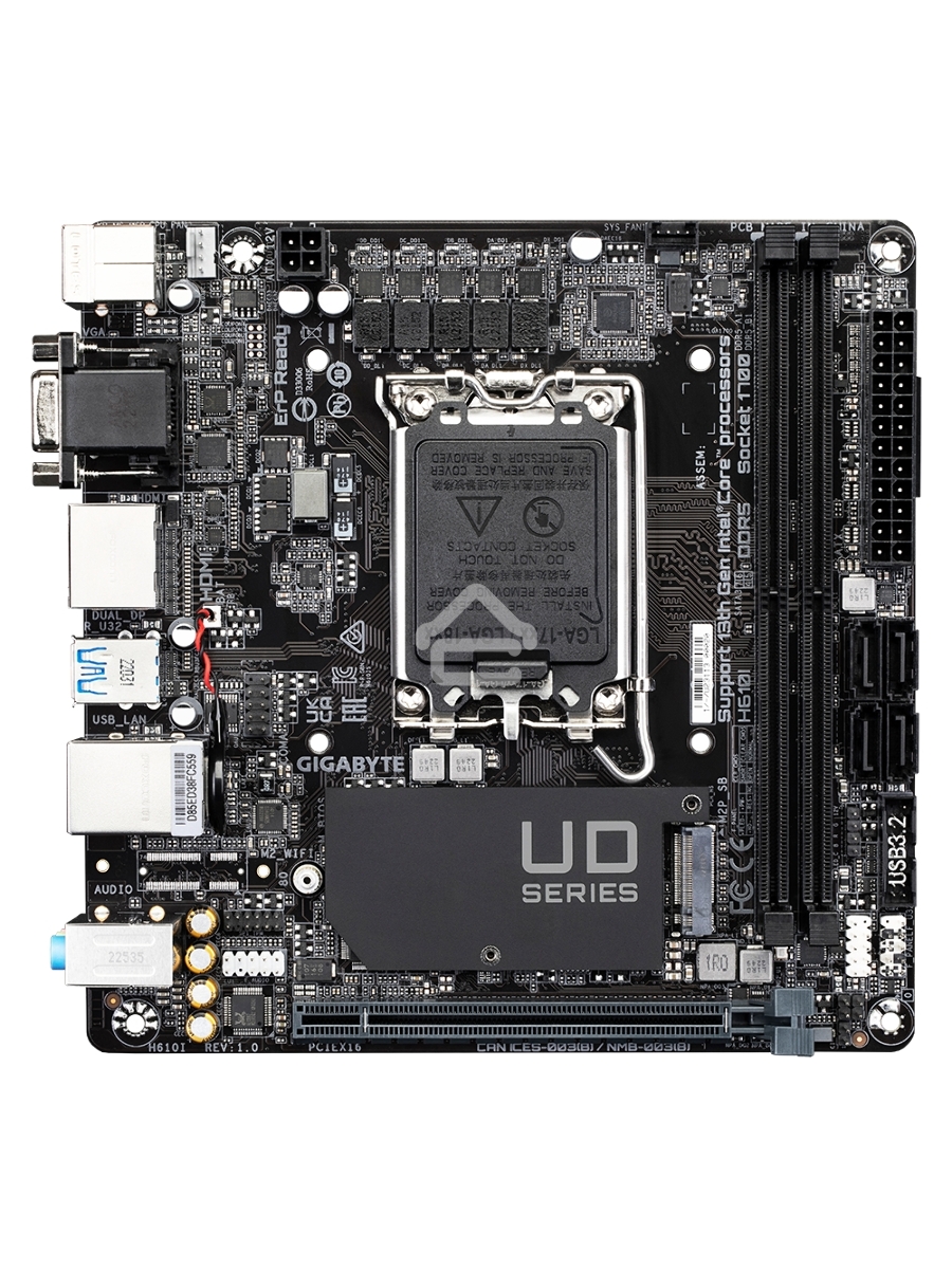 Материнская плата Gigabyte H610I, LGA 1700, Intel H610, 2xDDR5, 4xSATA, 1xM.2, 1xPCIe 4.0 x16, 1xHDMI, 1xVGA, 2xDP, 1x 1Gb LAN, 2xUSB-A 3.2 Gen 1, 4xUSB-A 2.0, 3x 3.5 мм, 7.1, Mini-ITX