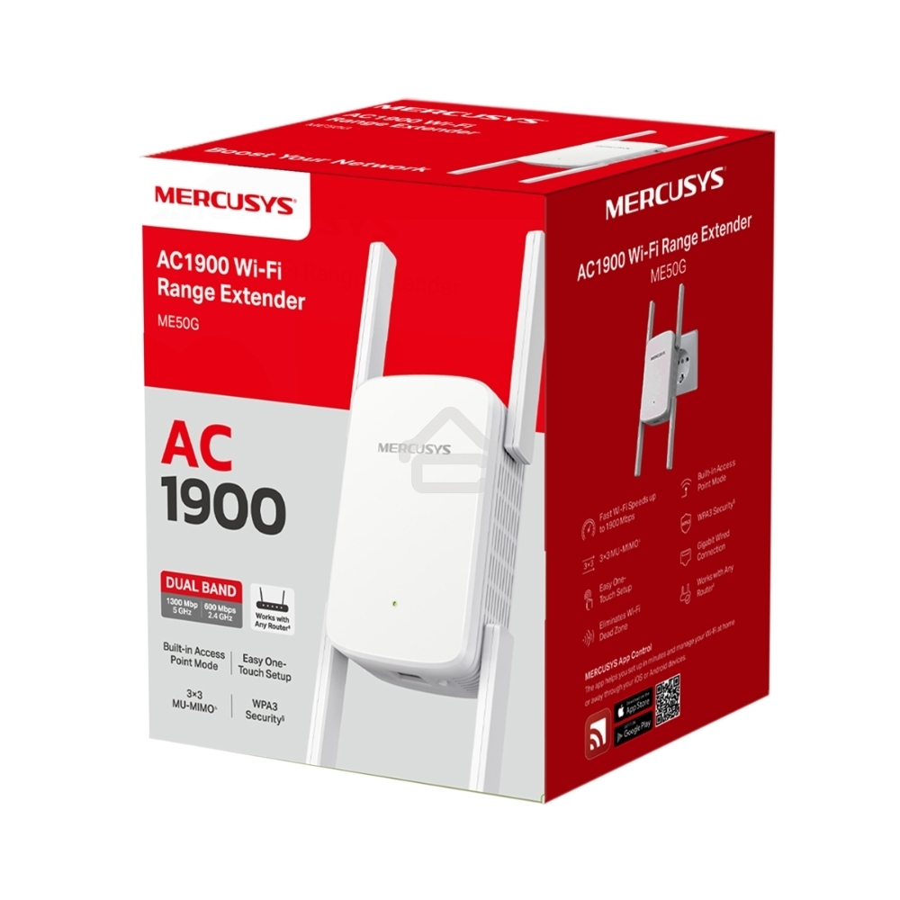 Роутер AC1900 Wi-Fi Range ExtenderSPEED: 600 Mbps at 2.4 GHz + 1300 Mbps at 5 GHz SPEC:4× Fixed External Antennas, 1× Gigabit Port, Wall PluggedFEATURE: MERCUSYS APP, WPS/Reset Button, Signal Indicator, Range Extender/Access Point mode, Adaptive Path
