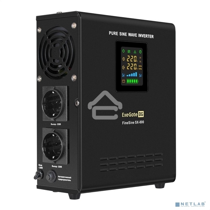 Источник бесперебойного питания (инвертор, синус, для котла, настенный) ExeGate FineSine SX-800.LCD.AVR.2SH 800VA/500W, чистая синусоида, цветной LCD-дисплей, AVR, 2*Schuko, линейно-интерактивный, внешняя батарея 12В до 200Ач (поставляется отдельно), креп