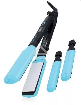 Щипцы для волос Galaxy GL 4505, голубой, 65 Вт, нагревательный элемент с защитой от перегрева, сменные пластины с керамическим покрытием: 89x27,5 мм и 89x57 мм, ЖК-дисплей с индикацией температуры, регулятор температурных режимов, шнур питания, вращающийс