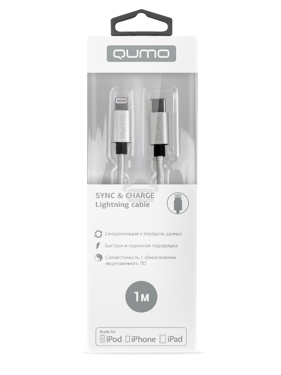 Кабель Qumo MFI, Type-С -Apple 8 pin, 1м, Type-C, 5В, 2,4А, 12W, нейлоновая оплетка, металлический коннектор, серебро
