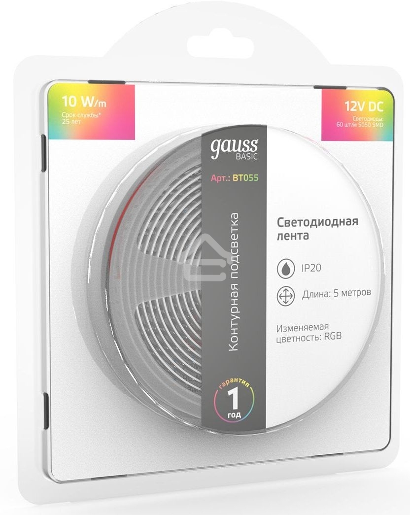 Лента светодиодная Basic Gauss 12V 10W/m 700lm/m RGB IP20 LED 5m 1/100