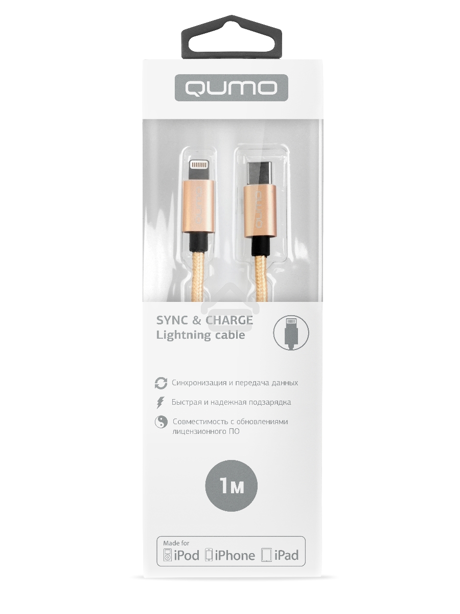 Кабель Qumo MFI, Type-С -Apple 8 pin, 1м, Type-C, 5В, 2,4А, 12W, нейлоновая оплетка, металлический коннектор, золото