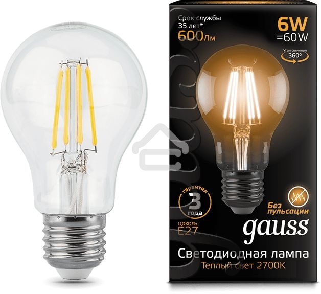 Лампа светодиодная GAUSS 102802106LED Filament А60 Е27 6Вт 2700к 1/10/40
