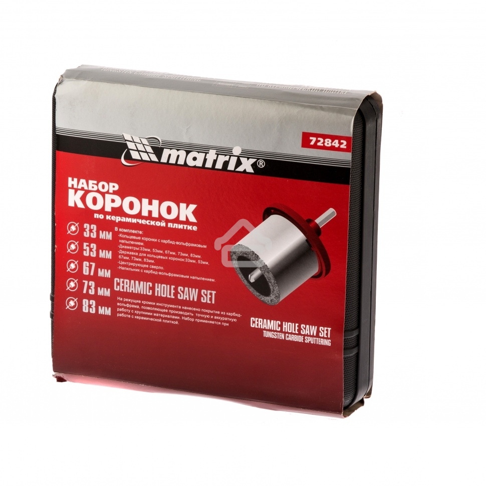 Набор коронок MATRIX по керамич. плитке, 33-53-67-73-83 мм + напил., в пласт.боксе, 6-гран.хвост. 72842