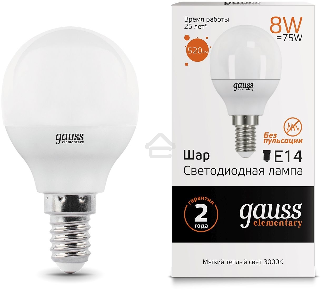 Лампа светодиодная LED Gauss 8Вт E14 220В 2700К Elementary шар 53118