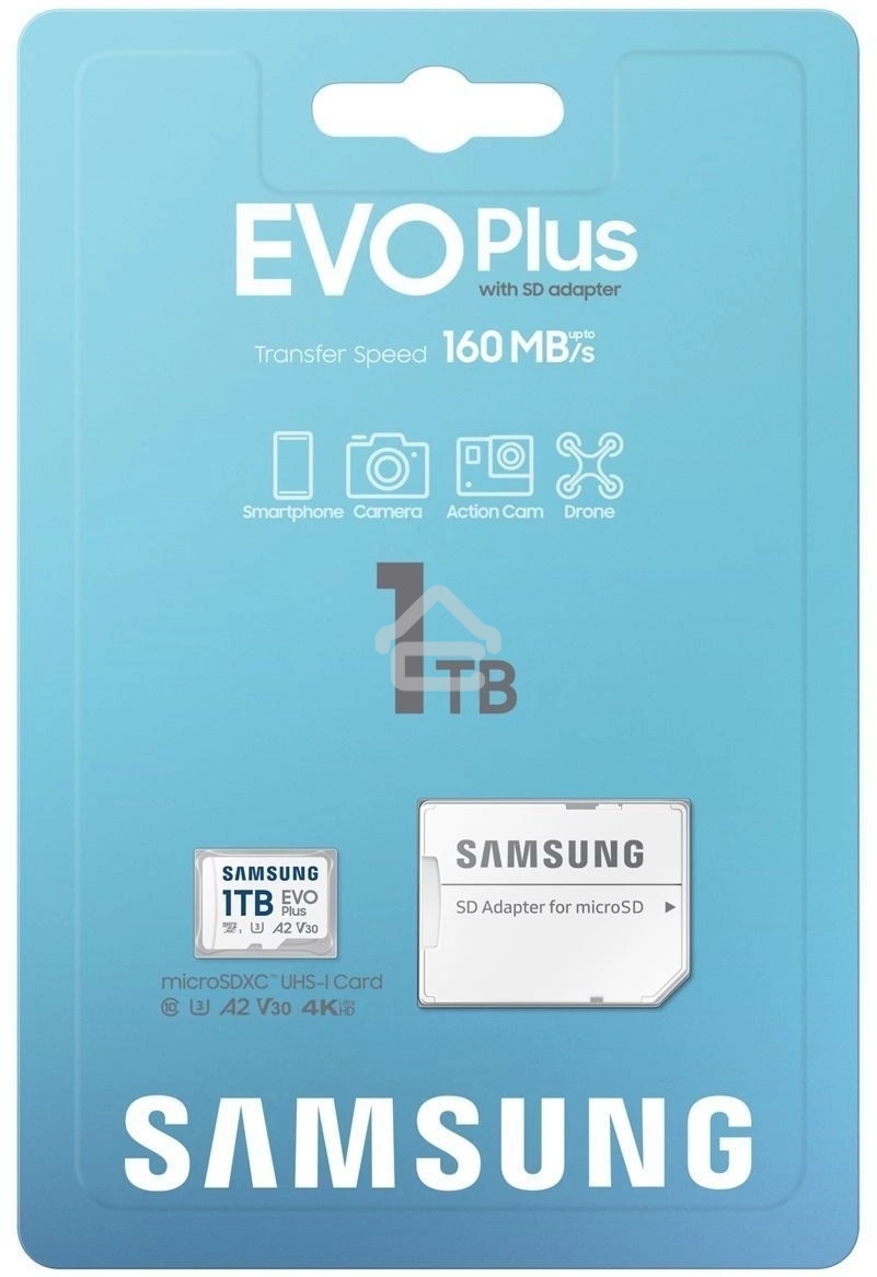 Флеш карта Samsung EVO Plus, microSDXC 1Tb, Class 10, A2, V30, UHS-I (U3), W 90 МБ/с, R 160 МБ/с, адаптер на SD