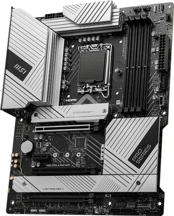 Материнская плата MSI PRO Z790-A MAX WIFI, LGA 1700, Intel Z790, 4xDDR5, 6xSATA, 4xM.2, 1xPCI-E 5.0 x16, 1xPCI-E 4.0 x16, 1xPCI-E 3.0 x16, 1xPCI-E x1, 1xHDMI, 1xDP, 1x2.5Gb LAN, 2xUSB-A 2.0, 2xUSB-A 3.2 Gen 1, 3xUSB-A 3.2 Gen 2, 1xUSB-C 3.2 Gen 2x2, 5x3.5
