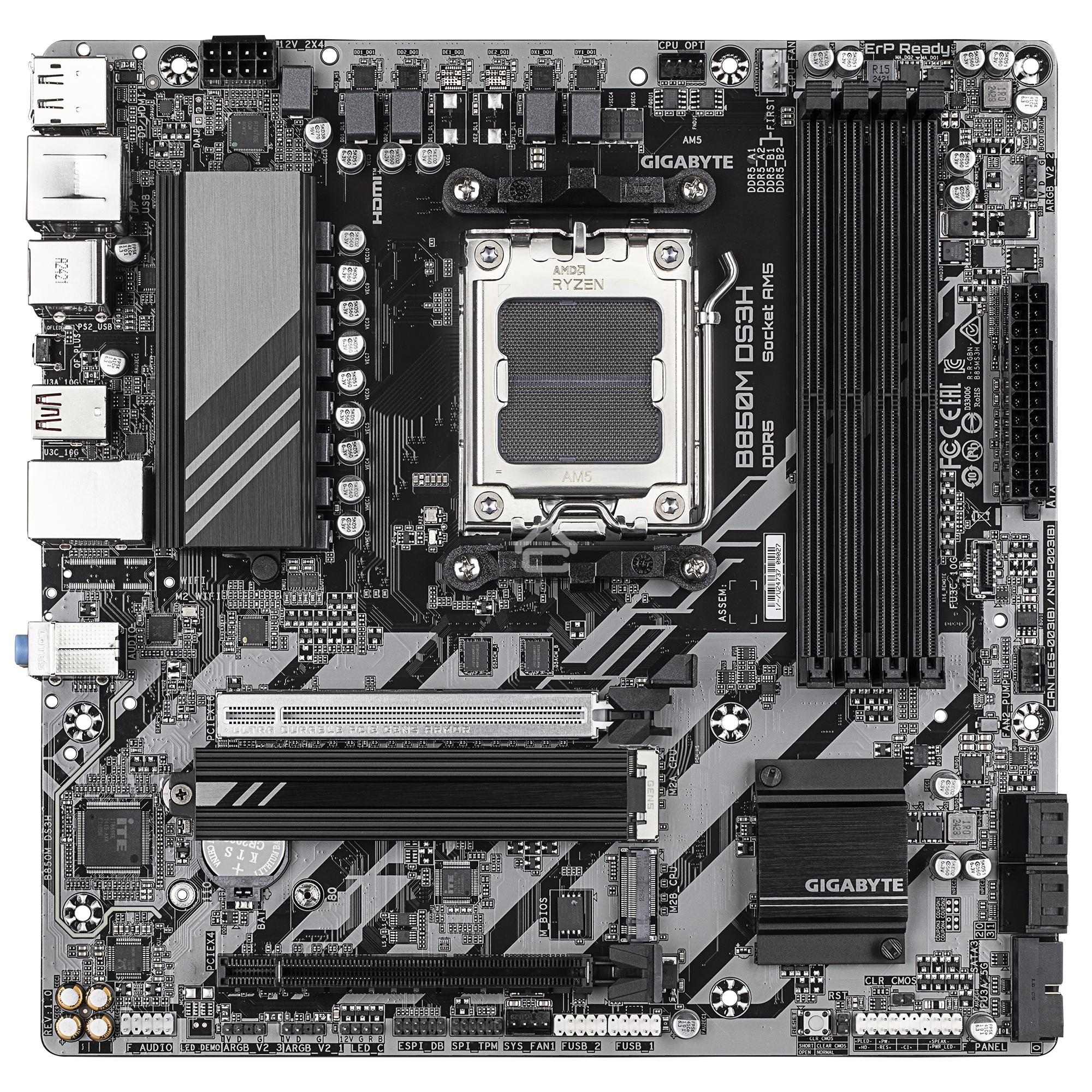 Материнская плата Gigabyte B850M DS3H, AM5, AMD B850, 4xDDR5, 4xSATA, 2xM.2, 1xPCIe 5.0 x16, 1xPCIe 3.0 x4, 1xHDMI, 2xDP, 1x 2.5Gb LAN, 3xUSB-A 3.2 Gen 1, 1xUSB-A 3.2 Gen 2, 4xUSB-A 2.0, 1xUSB-C 3.2 Gen 2, 3x3.5 мм, 7.1, mATX