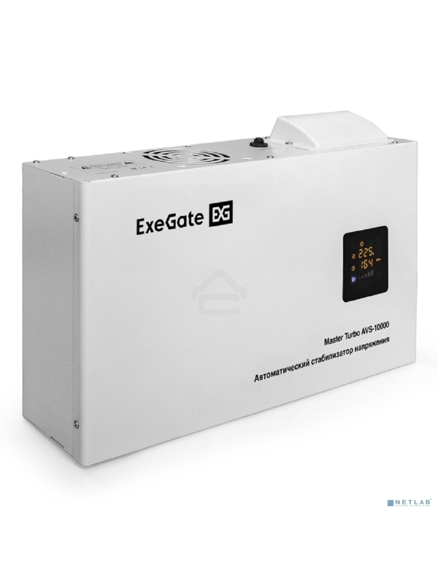 Стабилизатор напряжения ExeGate Master Turbo AVS-10000 (10000ВА, 100-265В, цветной дисплей, 220В±8%, КПД 98%, 5 уровней защиты, задержка, усиленный метал.корпус, клем.колодка+евророзетка, RTL)